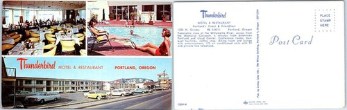 A 1960s-era postcard depicting the very first Thunderbird Motor Inn. The property was the first motel in the company that would become the Red Lion brand. Portland's Broadway Bridge can be seen in the background. Portland OR Thunderbird Motel and Restaurant Postcard.jpg