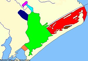 Ayres Bay (orange), Espiritu Santo Bay (red), Guadalupe Bay (cyan), Hynes Bay (blue violet), Mission Lake (pink), Pringle Lake (brown), San Antonio Bay (green)