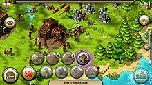 Screenshot of The Settlers HD on Symbian, showing how the game's controls and HUD have been ported to a touchscreen device; the mail icon on the top left is for notifications, the building icon on the bottom left brings up the building menu (which is further subdivided into different menus for different types of building), the greyed out image on the bottom right is to select any speciality settlers, and the star icon on the top right is to display the mini-map. Settlers (Symbian) gameplay.jpg