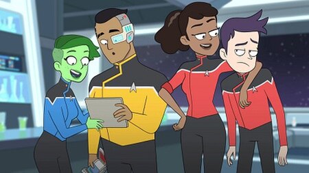 The main characters of Lower Decks (L-R): D'Vana Tendi, Sam Rutherford, Beckett Mariner, and Brad Boimler. Creator Mike McMahan wanted them to have a 