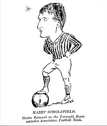 Illustration of Harry Scholefield, Taranaki Association Footballer. From the Free Lance newspaper on July 17th 1909.