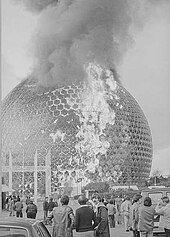 The Biosphere in flames on 20 May 1976 Montreal Biosphere fire.jpg