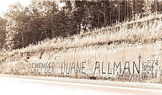 "Remember Duane Allman" tribute, carved into an excavation face next to Interstate 20 in 1973