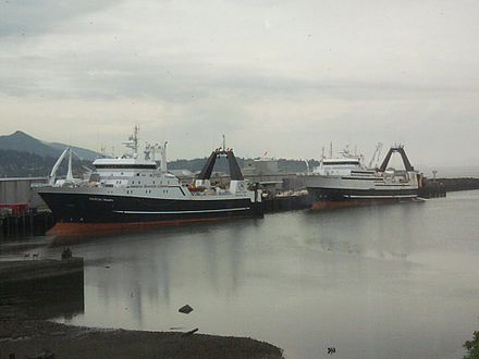 American Dynasty (right) and American Triumph (left), two of American Seafoods' factory trawlers docked at Bellingham Cold Storage in Bellingham, Washington