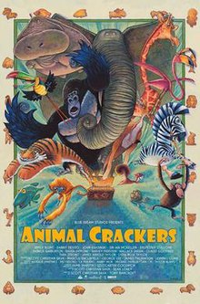 An assortment of animals coming out of a box as animal crackers border the movie poster.