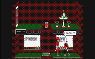 Kyne, with the red helmet, moves between rooms via doors. The caption on the left shows his current location in Calypso Lift. Calypso Bar is through the door. The computer character is saying, "I will kill you." Brataccas screen.png