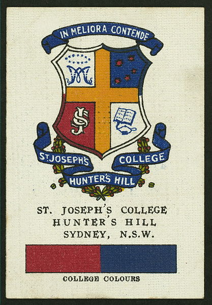 Collectable School Cigarette card featuring the Joeys colours & crest, c. 1910s