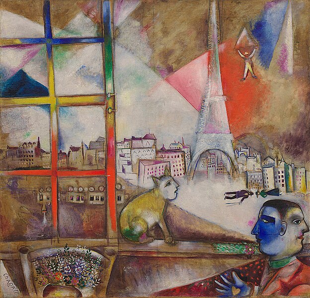 Marc Chagall, 1913, Paris par la fenêtre (Paris Through the Window), oil on canvas, 136 x 141.9 cm, Solomon R. Guggenheim Museum, New York, by way of Wikipedia