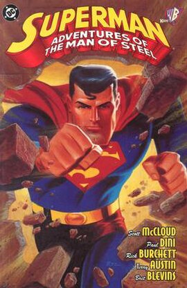 Cover of Superman: Adventures of the Man of Steel trade paperback from 1998. Art by Bruce Timm and Alex Ross.