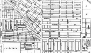 The intersection of Virginia Avenue, Prospect, and Dillon (now Shelby) Streets in Indianapolis in 1876 Fountain Square, Indianapolis (map, 1876).png