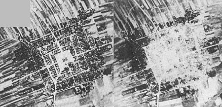 Frampol before (left) and after (right) the German Luftwaffe bombing raids, September 1939 Frampol bombing.jpg