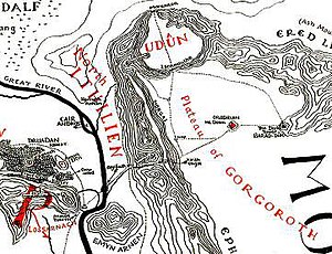 Detail of finished contour map by Christopher Tolkien, drawn from his father's graph paper design. The Hobbits' route has been omitted. The city of Minas Tirith (lower left) with its large encircling wall (the Rammas Echor) and the ruined city of Osgiliath astride the River Anduin nearby are shown. Gondor Contour Map Detail.jpg