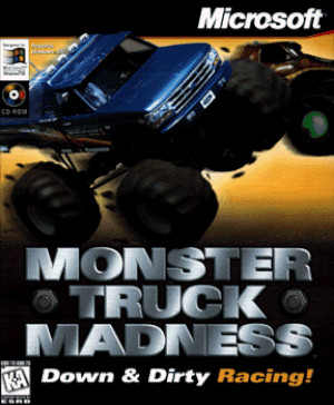 A race between two monster trucks, Bigfoot and Snake Bite, is depicted within a background of sepia-toned sky and dirt. The silver metallic Monster Truck Madness logo (with bolts surrounding the left and right sides of 