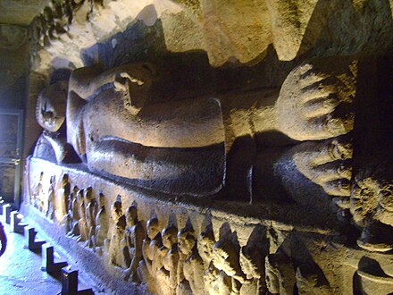 Buddha attaining Parinirvana – Depicted in cave 26 of Ajanta Caves – India