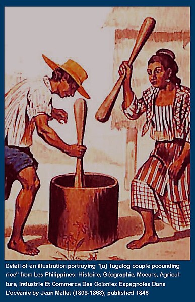 Detail of an illustration from Jean Mallat's Les Philippines (1846), showing "a Tagalog couple pounding rice." The mortar depicted is known as a "luso