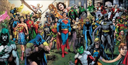 Triptych cover from Dark Nights: Death Metal (2020), depicting various characters from the history of the DC Universe, including members of the Justic
