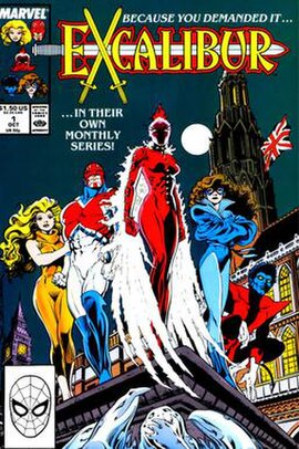 Cover to Excalibur #1 (Oct. 1988), featuring the original members of Excalibur, with art by Alan Davis with inking by Paul Neary