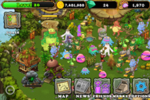 A gameplay of My Singing Monsters, featuring a variety of monsters with different musical roles (Pre-2016 graphics). My singing monsters gameplay.png