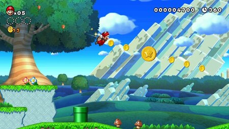 Mario uses a flying squirrel suit to glide. Three large star coin collectibles are located throughout each level.