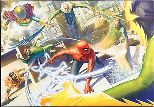 The original Sinister Six–Kraven the Hunter, Mysterio, Doctor Octopus, Vulture, Sandman, and Electro–battling Spider-Man. Art by Alex Ross.