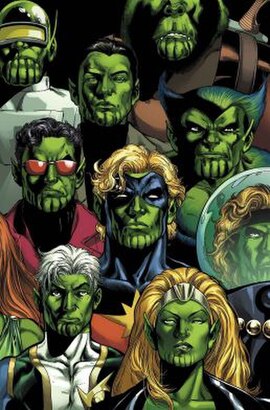 The Skrulls posing as different characters as seen on the cover of Secret Invasion: Who Do You Trust? #1 (June 2008). Art by Phil Jimenez