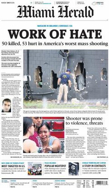 The June 13, 2016 front page of the Miami Herald, with the headline story reporting on the nightclub shooting in Orlando, Florida