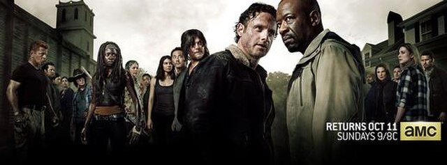 The primary characters of the sixth season include (from left to right): Abraham, Eugene, Rosita, Tara, Carl, Michonne, Carol, Sasha, Maggie, Glenn, D