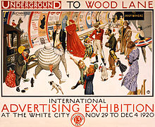 Advertising poster by Frederick Charles Herrick for transportation to an exhibition at White City, showing an assemblage of characters representing various advertising trademarks and emblems, including Bibendum, the Michelin Man; Johnnie Walker; and the Kodak Girl, in a station displaying advertising posters Underground to Wood Lane to anywhere, International Advertising Exhibition at the White City, 1920.jpg