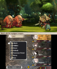 Screenshot of a battle in Bravely Default, showing the party fighting an enemy group. The battle is shown on the upper screen, while the party's command menu is shown below. Bravely Default gameplay.png