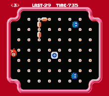NES version, showing Bubbles (red), Unira (blue), and treasures Clu Clu Land screenshot.gif