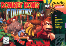 The North American box art of Donkey Kong Country: a diorama featuring a number of animals following Donkey Kong, who is running while carrying a banana. The diorama is surrounded by the typical Western SNES box art border on the bottom and right-hand side; the rating (KA) and words SUPER NINTENDO ENTERTAINMENT SYSTEM are on the bottom, while a tagline, An Incredible 3-D Adventure in the Kingdom of Kong!, is on the right. The upper right-hand corner features the words Only for Nintendo.