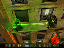 Manhattan Project is played from a 2.5D perspective. Though the engine projects the game in 3D, gameplay is restricted to a two dimensional plane. Duke manhattan screen.png