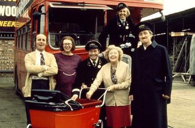 The main characters of On the Buses (left to right): Arthur, Olive, Stan, Mum (Doris Hare), Jack and Blakey