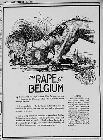 German war crimes in Belgium were cited in anti-German propaganda during World War I, causing reputational harm. RapeOfBelgium-171105-nytribune.jpg