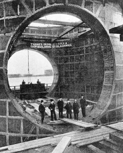 A framing section of the Blackwall Tunnel being constructed at the Thames Ironworks around 1895