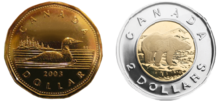 The one- and two-dollar coins, nicknamed the loonie and toonie Canadian 1 and 2 dollar coins.png