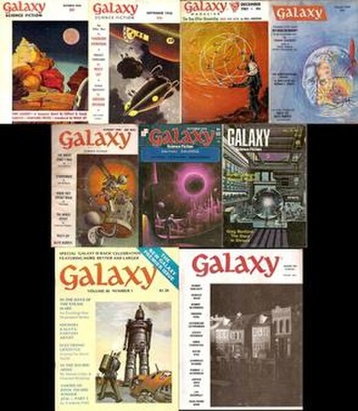 Nine issues of Galaxy, showing the major variations in cover design over the magazine's lifetime