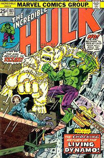 Zzzax battles the Hulk on the cover of The Incredible Hulk (vol. 2) #183 (January 1975), art by Herb Trimpe