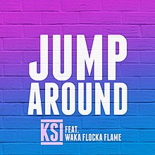 Der Titel "Jump Around" erscheint in großer weißer Schrift in der Mitte eines lila-blauen Hintergrunds mit Farbverlauf, darunter die Namen der Künstler in hellvioletter Schrift.