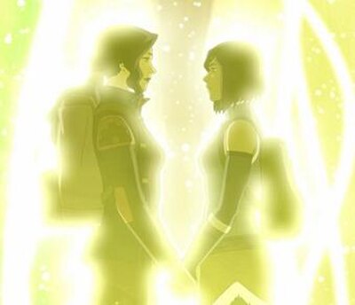 The series' final shot, showing Korra (right) and Asami as a romantic couple, was seen as pushing the boundaries of LGBT representation in children's 