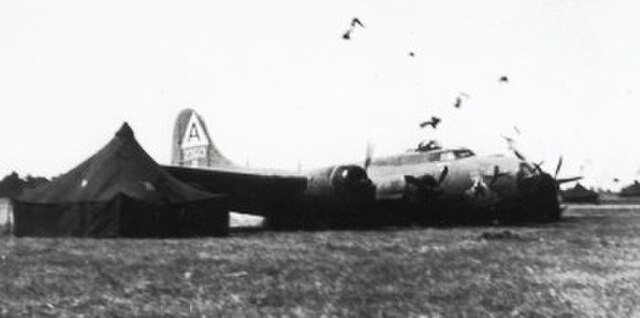 Paul Mantz deliberately crash-lands B-17G AAF Ser. No. 44-83592 at Ozark AAF, Alabama, in June 1949 for the filming of Twelve O'Clock High.