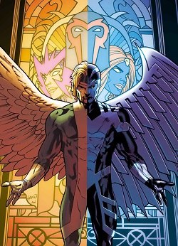 Cover of Uncanny X-Men vol. 4 #7 showing Warren's feathered wings as Angel (left) and metallic wings as Archangel (right) Art by Greg Land