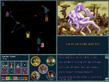 An image of the Ascendancy galaxy planets and star lanes. To the right sits a picture of the species being contacted and several dialog options.