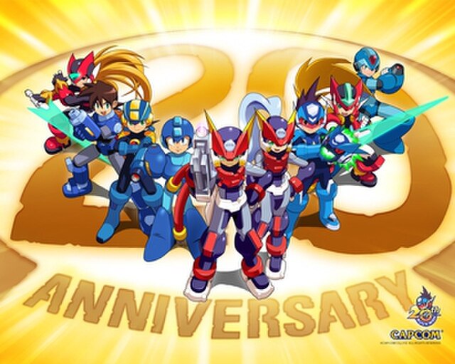 An artwork from the franchise's 20th anniversary featuring various incarnations of characters named or titled as "Mega Man" for the franchise's 20th A
