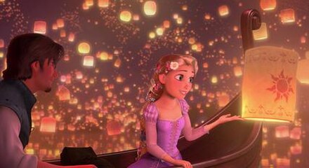 Screenshot from Tangled depicting Rapunzel and Flynn Rider during the "I See the Light" lantern sequence.