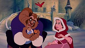 Screenshot of the Beast and Belle finally realizing that they are beginning to fall in love with each other during the "Something There" musical sequence. Something There.jpg