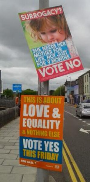 The "No" campaign raised surrogacy as an issue in the campaign, as on the upper poster by Mothers and Fathers Matter. The "Yes" campaign claimed this 