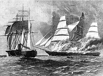 CSS Florida burns Jacob Bell in a Harper's Weekly illustration from 1863. CSS Florida sinking clipper Jacob Bell.JPG