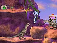 The player is faced by a variety of dinosaurs, such as Velociraptor and Compsognathus. Dino Defender.jpg