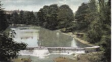 Colorized postcard c.1906 view by Ebert of the "first section" taken from the west entrance foot bridge of Luna Park, Scranton. The pond quickly filled with coal silt from upstream mining operations. The city of Scranton pursued legal action against mining operators but the section could not be developed as originally intended. LP Scranton Phase 1.jpg